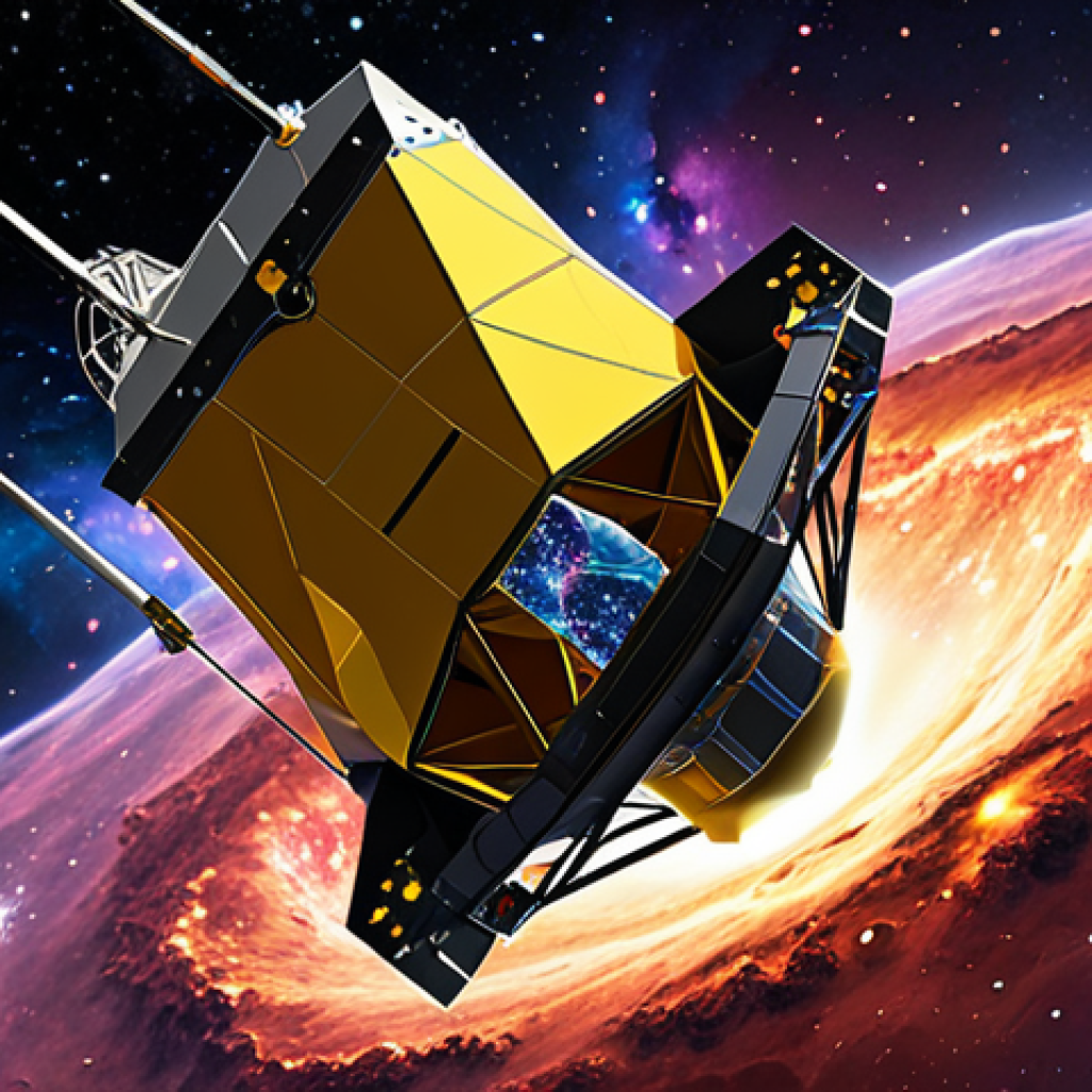 **Prompt:** A vibrant and detailed digital art illustration depicting the James Webb Space Telescope (JWST) gazing deep into space, capturing the birth of galaxies. Include radiant nebulae and a sense of cosmic awe and wonder. The style should be reminiscent of a high-quality NASA visualization, emphasizing the telescope's technological prowess and the beauty of the early universe.