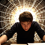 A student sits slumped at a desk, surrounded by a chaotic whirlwind of jumbled, unreadable physics equations and diagrams that visually form an impenetrable "brick wall" of confusion. Their expression conveys deep frustration and overwhelm, symbolizing hitting a mental block. In stark contrast, a glowing, interconnected network of fundamental physics principles (like ethereal force vectors, energy flow lines, or quantum wave patterns) begins to illuminate from within the "wall," forming a clear, guiding pathway or a radiant compass pointing towards profound conceptual understanding. The background is dark and abstract, emphasizing the dramatic shift from despair to an "unlocking of the core" understanding. Cinematic, high detail, capturing the emotional and intellectual struggle followed by a moment of clarity.