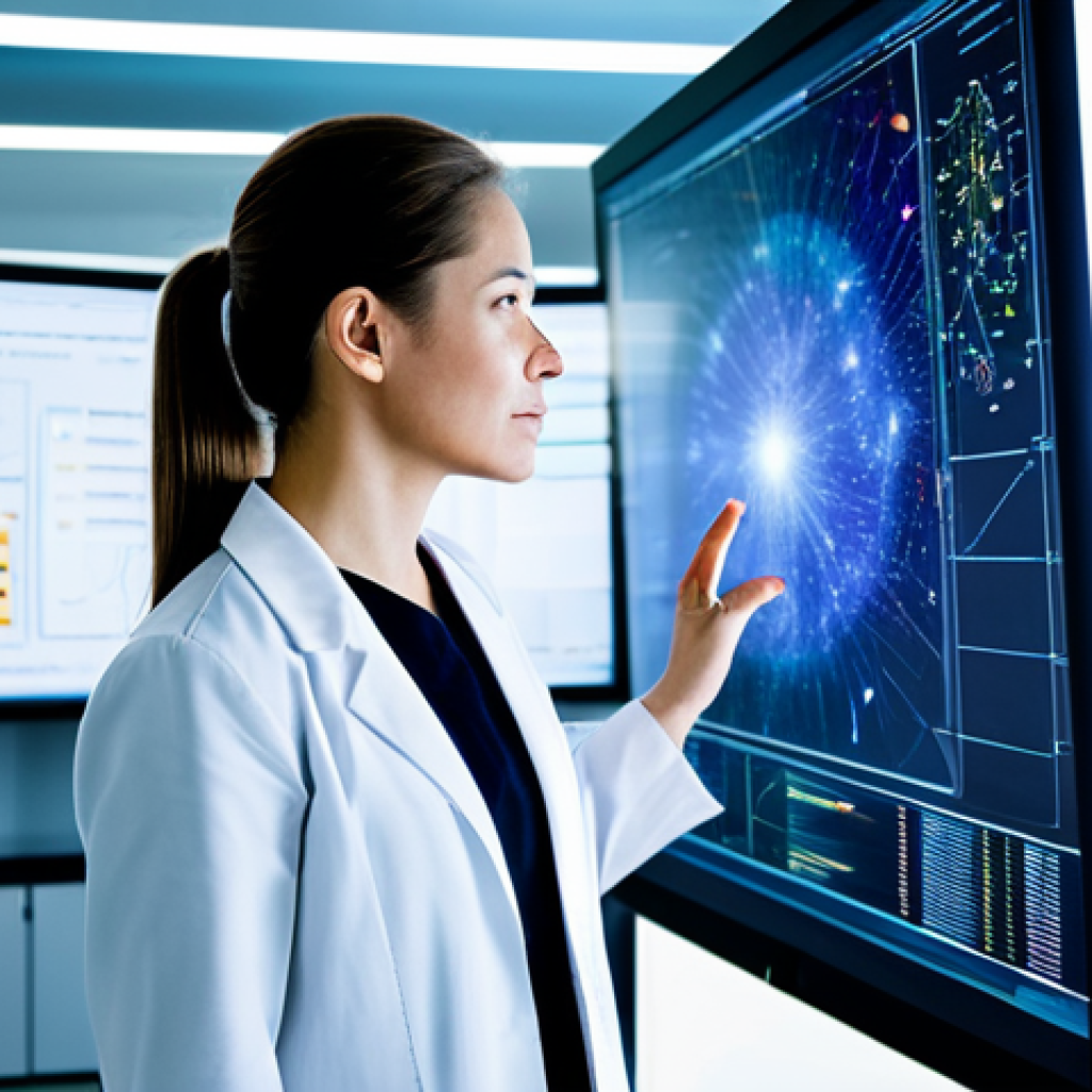 A professional female physicist, fully clothed in a modest lab coat over professional attire, standing in a brightly lit, modern innovation lab. She is looking at a large transparent screen displaying complex physics simulations and data visualizations, with a subtle glow of quantum computing components in the background. Her posture is natural, suggesting deep thought and engagement. The environment includes sleek workstations and advanced research equipment. Perfect anatomy, correct proportions, well-formed hands, proper finger count, natural body proportions. Safe for work, appropriate content, family-friendly, high-quality professional photography.