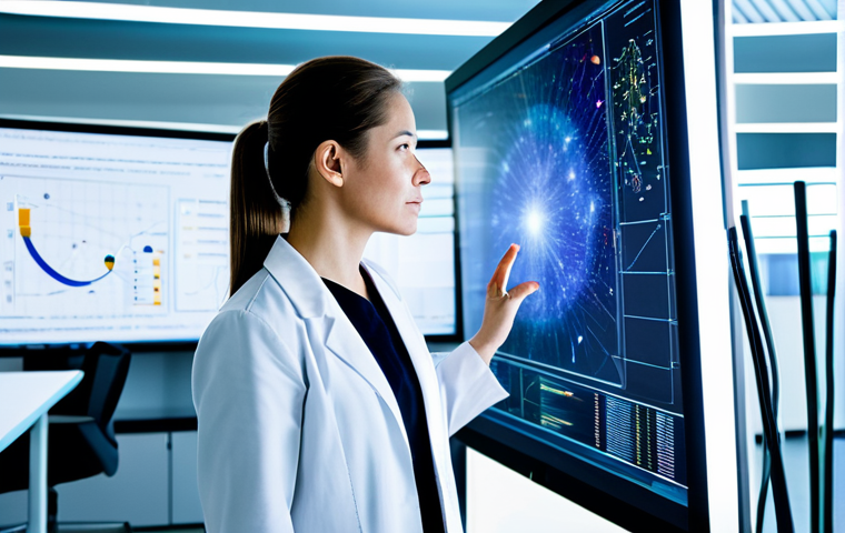 A professional female physicist, fully clothed in a modest lab coat over professional attire, standing in a brightly lit, modern innovation lab. She is looking at a large transparent screen displaying complex physics simulations and data visualizations, with a subtle glow of quantum computing components in the background. Her posture is natural, suggesting deep thought and engagement. The environment includes sleek workstations and advanced research equipment. Perfect anatomy, correct proportions, well-formed hands, proper finger count, natural body proportions. Safe for work, appropriate content, family-friendly, high-quality professional photography.