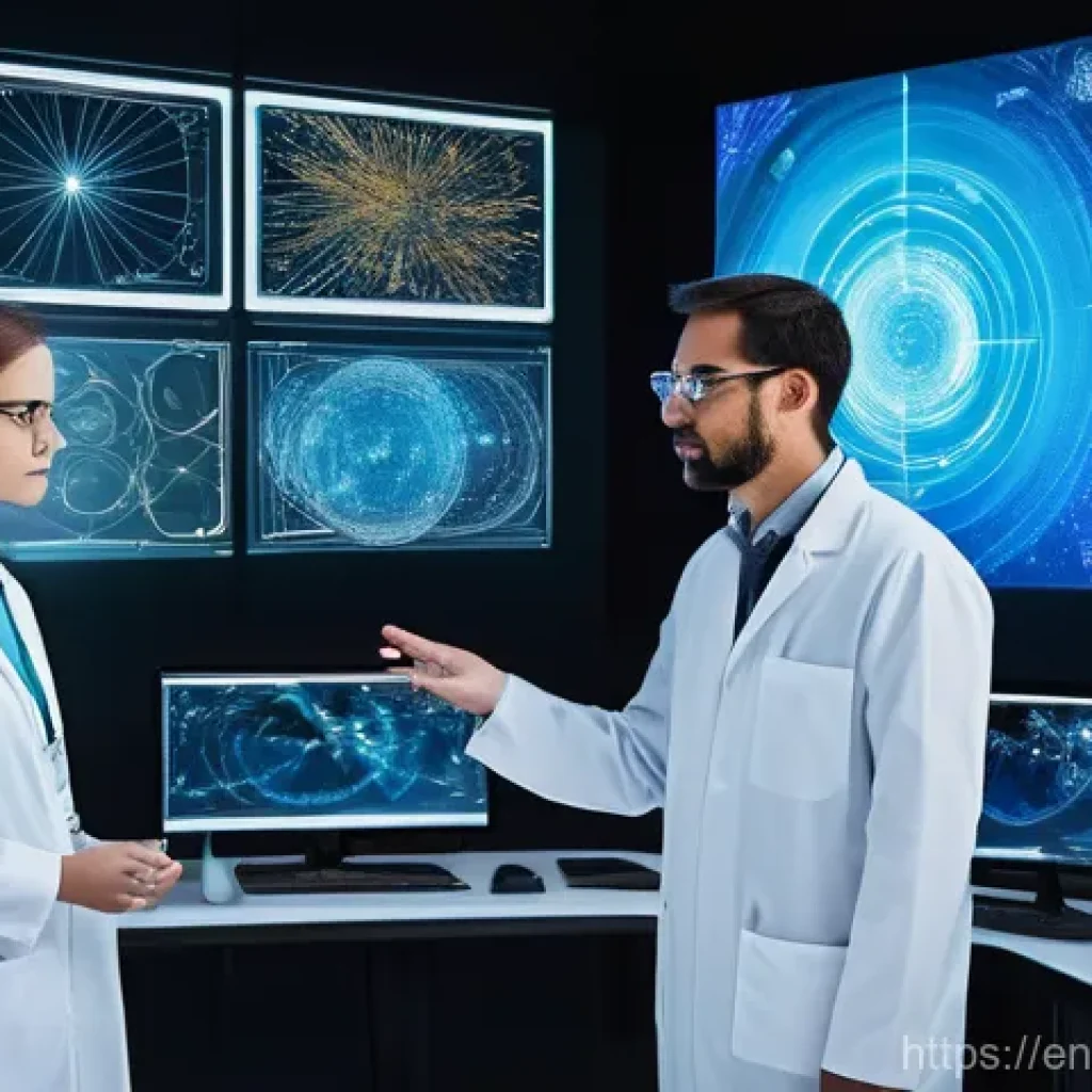 물리학자를 위한 통계 분석 도구 - **Prompt:** A diverse team of scientists, including young adults and older professionals, are workin...