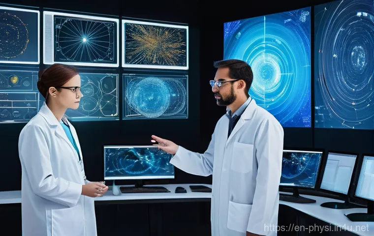 물리학자를 위한 통계 분석 도구 - **Prompt:** A diverse team of scientists, including young adults and older professionals, are workin...
