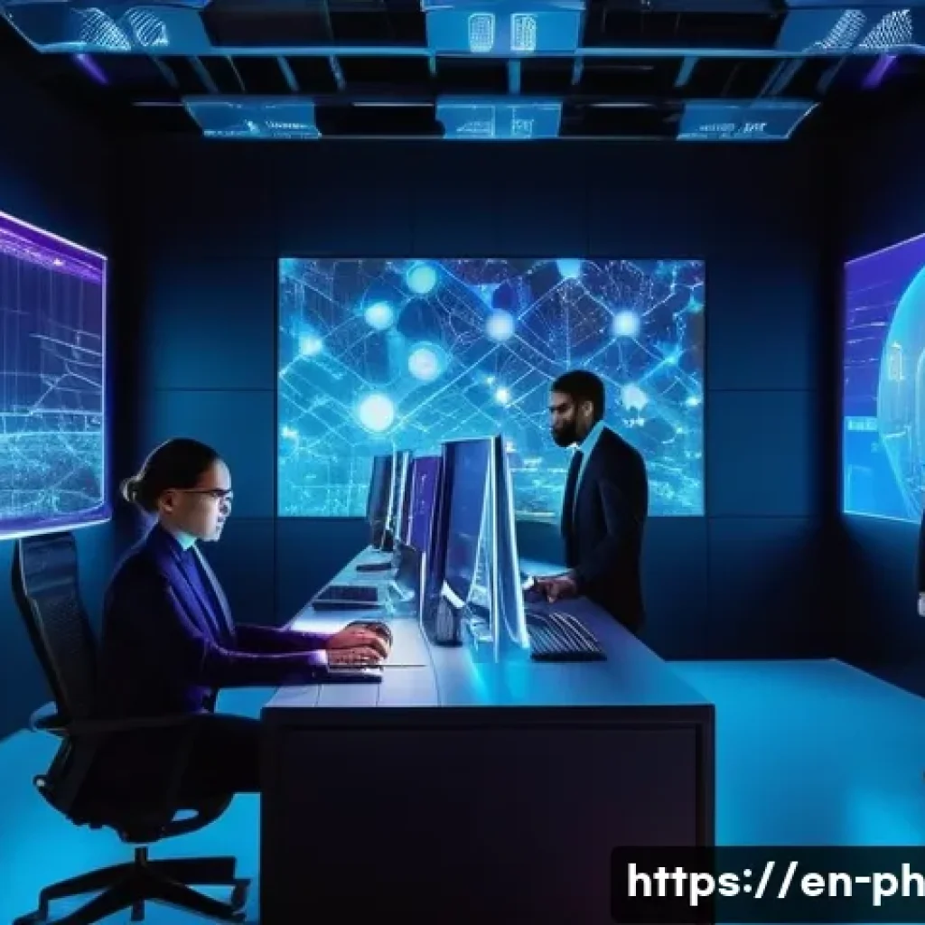 물리학 연구 주제 선정 요령 - A futuristic quantum computing laboratory scene featuring a diverse team of scientists working colla...