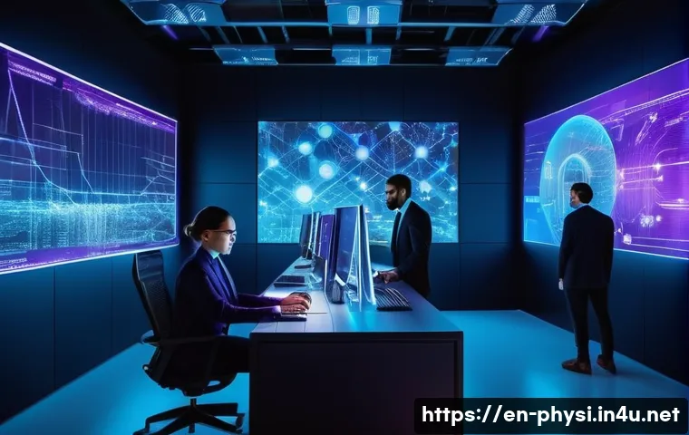물리학 연구 주제 선정 요령 - A futuristic quantum computing laboratory scene featuring a diverse team of scientists working colla...