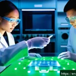 Home 19 고체물리학과 반도체 연구 - A highly detailed futuristic laboratory scene showcasing ultra-thin, flexible electronic devices mad...