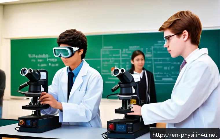 물리학과 물리 교사 되는 법 - A modern high school physics classroom scene showing a diverse group of teenagers actively participa...