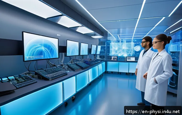 물리학과 물리적 시뮬레이션의 중요성 - A highly detailed digital illustration of a futuristic physics simulation lab, featuring scientists ...
