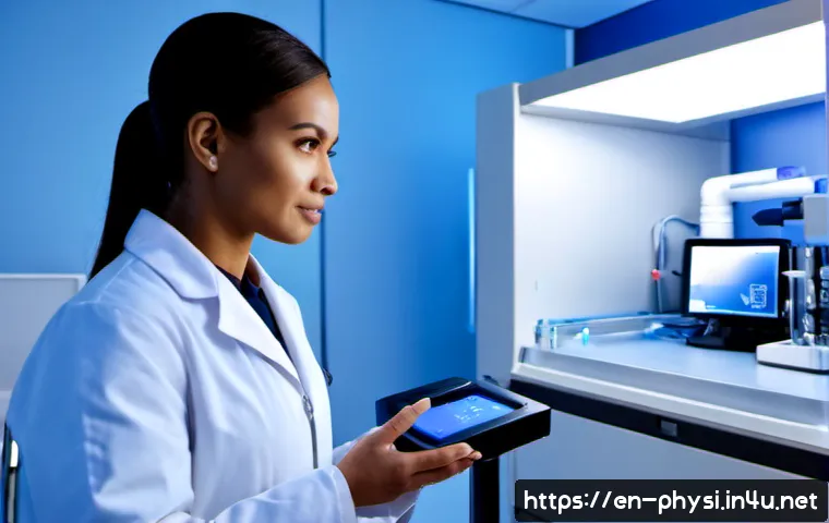 양자 물리학의 실무 활용 - Photorealistic hospital diagnostic laboratory, a diverse medical researcher in clean white coat moni...
