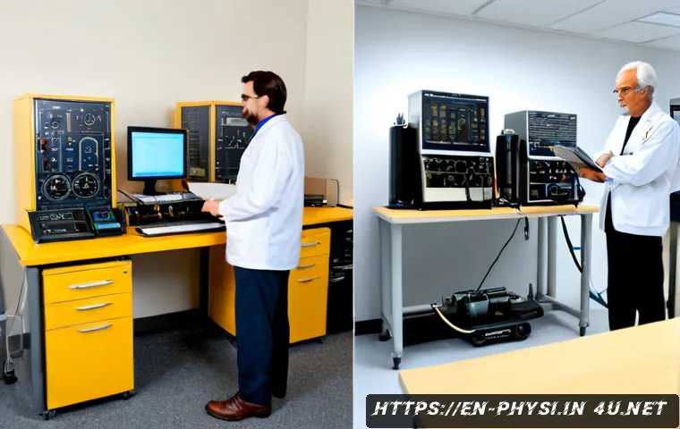 물리학자 연봉의 지역별 차이 - Photorealistic split-scene comparison of two physicists at work: a senior physicist in a bright mode...