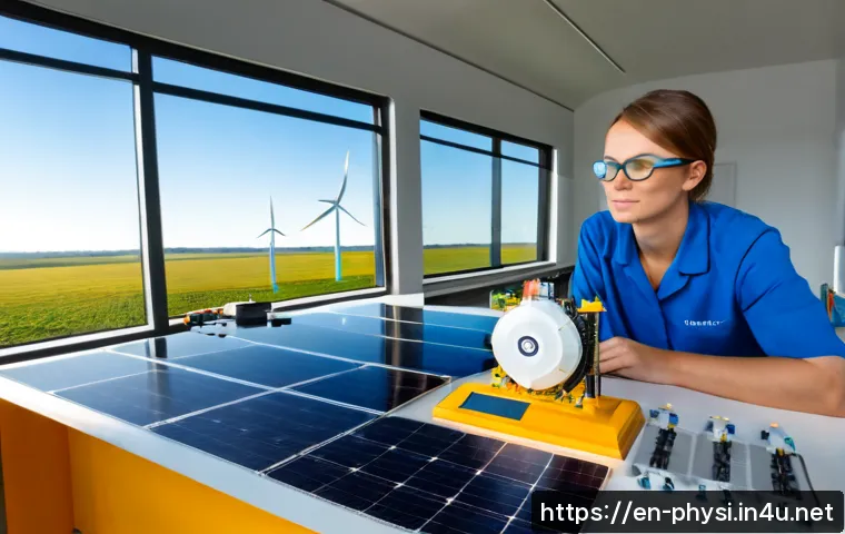 물리학과 에너지 산업 - Photorealistic wide-angle view of a modern renewable energy research laboratory, a physicist in safe...
