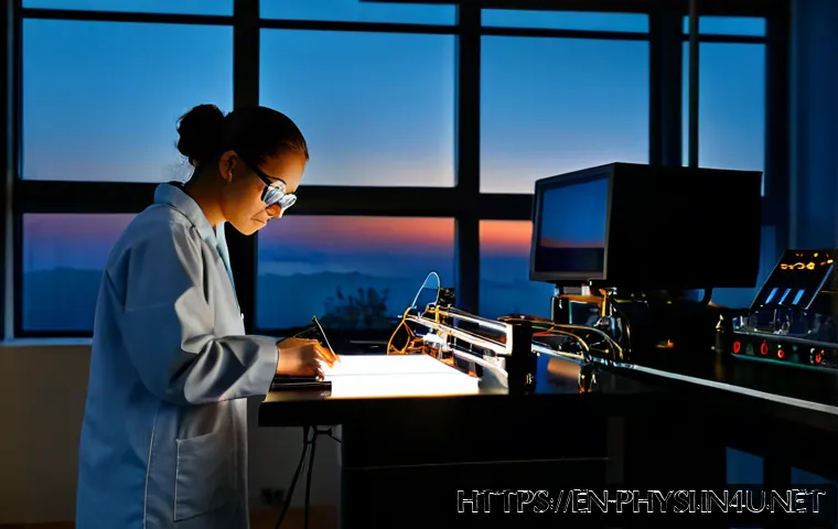 물리학 박사 과정생의 하루 - Photorealistic early morning scene of a physics PhD student in a quiet university laboratory, carefu...