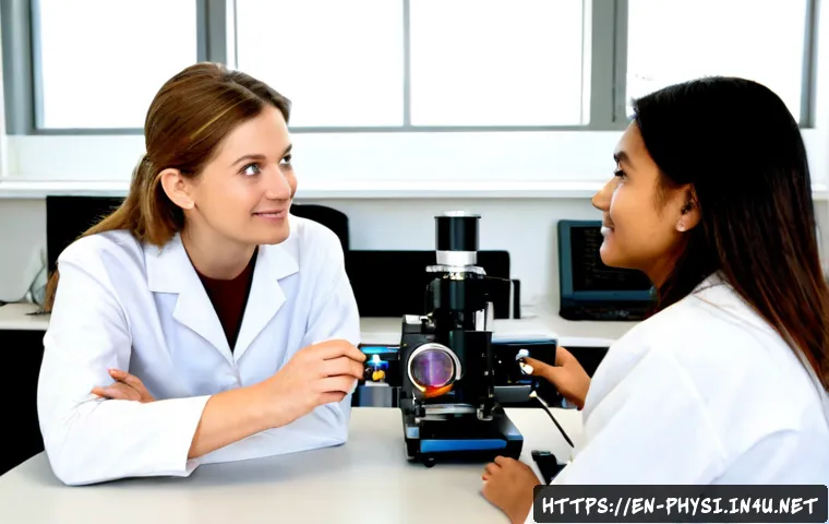 물리학 관련 멘토링 기회 - Photorealistic university physics mentoring session in a bright modern laboratory, an experienced fe...